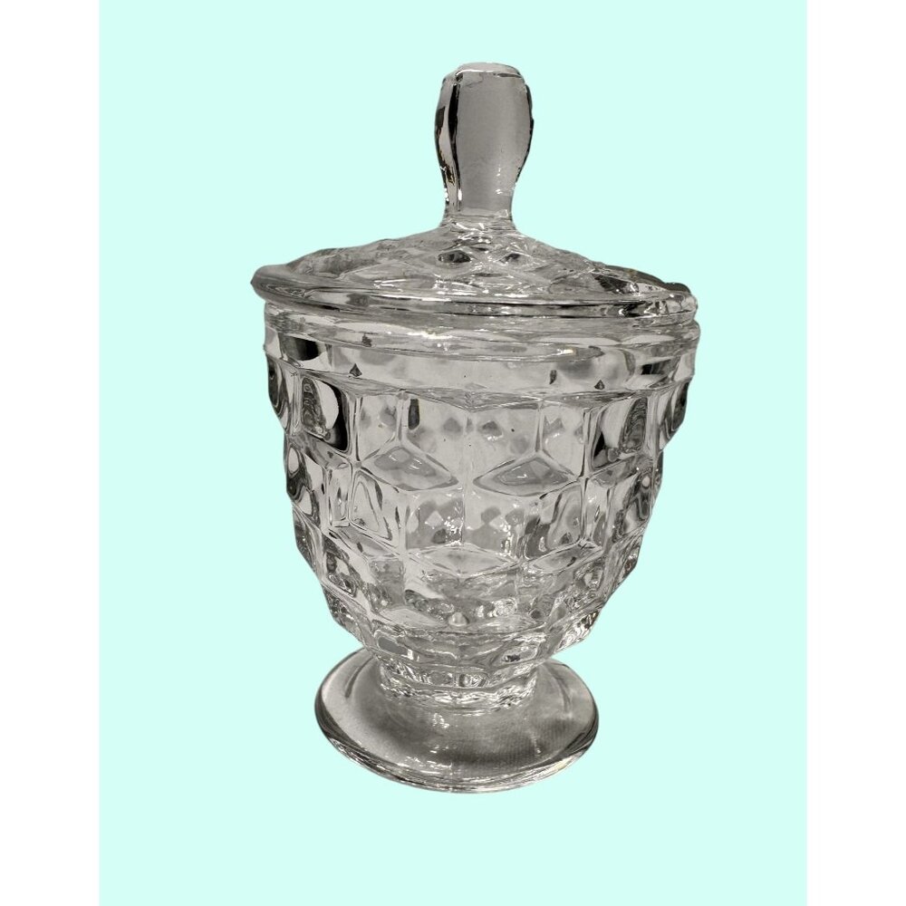 Fostoria Vintage Clear Pressed Glass jam jar  Clear Cubist Hex Lidded Pedestal